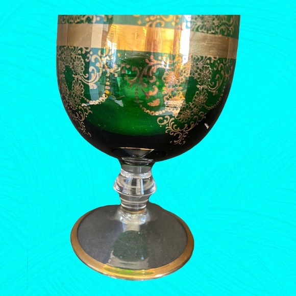 Vintage Green Glass Footed Vase, Gold Trim 10 1/2” Tall - Picture 4 of 9